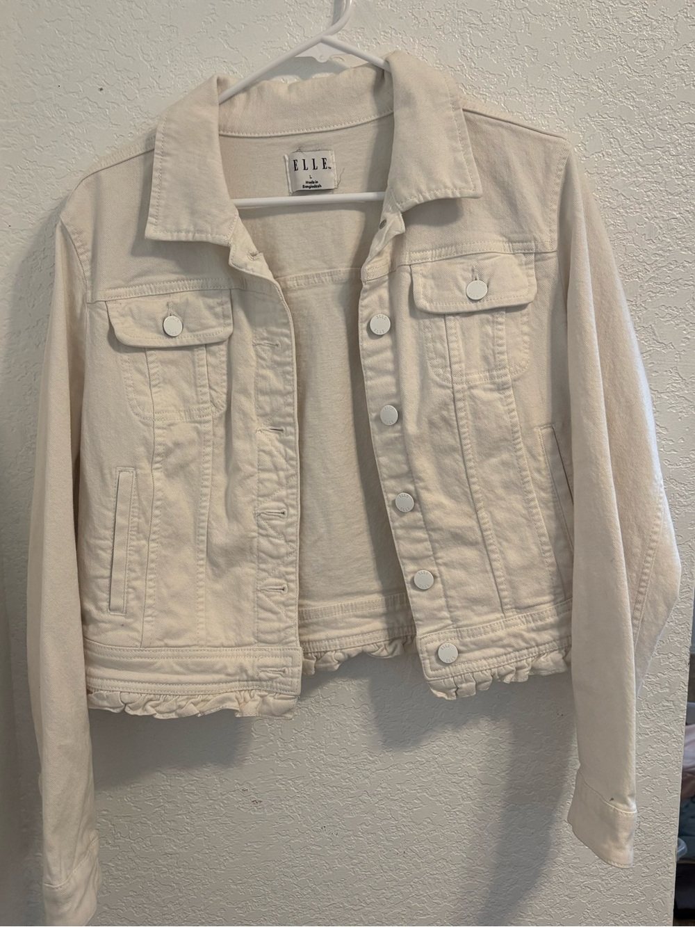 ELLE Cream Cropped Denim Jacket with Ruffle Hem